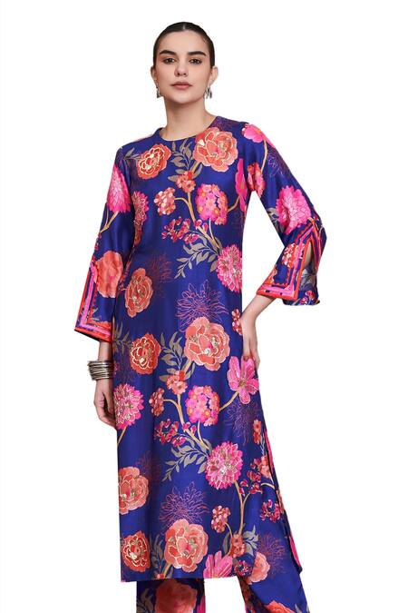 Buy Archana Shah Blue Embroidery, Sequins Round Neck Floral Digital Print Kurta And Pant Set Online at Aza Fashions Buy_Archana Shah_Blue Embroidery, Sequins Round Neck Floral Digital Print Kurta And Pant Set _Online_at_Aza_Fashions
