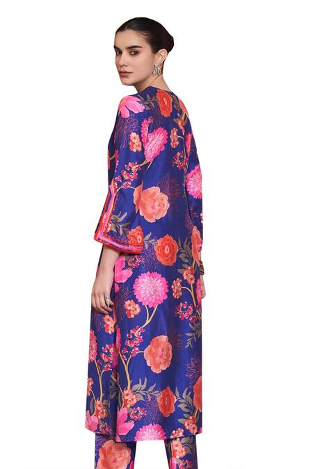 Archana Shah Blue Embroidery, Sequins Round Neck Floral Digital Print Kurta And Pant Set at Aza Fashions Archana Shah_Blue Embroidery, Sequins Round Neck Floral Digital Print Kurta And Pant Set _at_Aza_Fashions