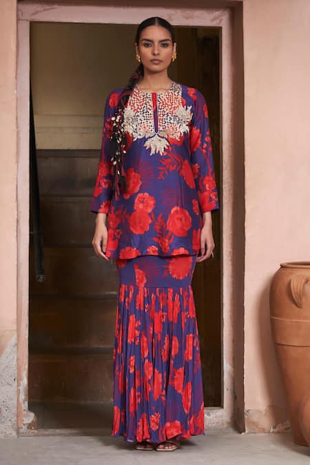 Archana Shah Blue Bemberg Silk Printed Floral Round Kurta And Sharara Set 