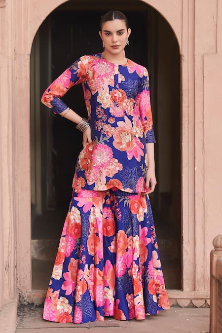 Archana Shah Blue Bemberg Silk Printed Floral Round Pattern Kurta And Sharara Set 