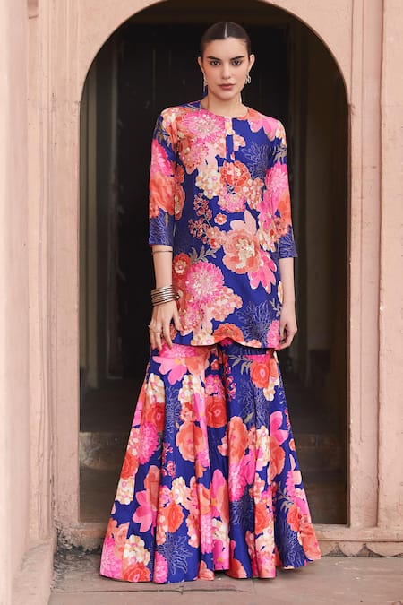 Archana Shah Blue Bamboo Embroidery Round Neck Floral Pattern Kurta And Sharara Set Online at Aza Fashions Archana Shah_Blue Bamboo Embroidery Round Neck Floral Pattern Kurta And Sharara Set _Online_at_Aza_Fashions