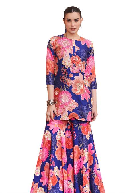Buy Archana Shah Blue Bamboo Embroidery Round Neck Floral Pattern Kurta And Sharara Set Online at Aza Fashions Buy_Archana Shah_Blue Bamboo Embroidery Round Neck Floral Pattern Kurta And Sharara Set _Online_at_Aza_Fashions