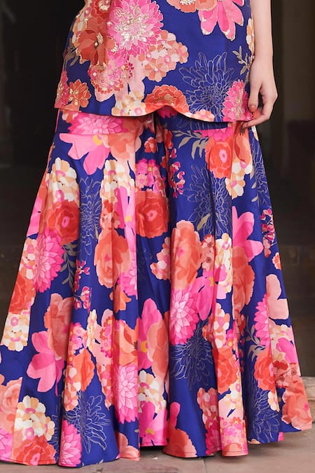 Shop Archana Shah Blue Bamboo Embroidery Round Neck Floral Pattern Kurta And Sharara Set Online at Aza Fashions Shop_Archana Shah_Blue Bamboo Embroidery Round Neck Floral Pattern Kurta And Sharara Set _Online_at_Aza_Fashions