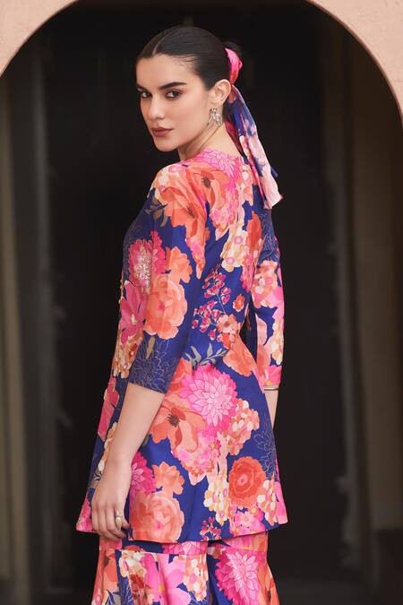 Archana Shah Blue Bamboo Embroidery Round Neck Floral Pattern Kurta And Sharara Set at Aza Fashions Archana Shah_Blue Bamboo Embroidery Round Neck Floral Pattern Kurta And Sharara Set _at_Aza_Fashions