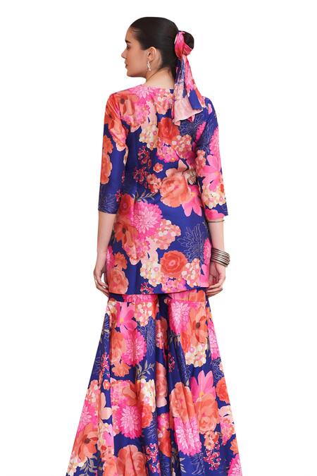Buy Archana Shah Blue Bamboo Embroidery Round Neck Floral Pattern Kurta And Sharara Set Buy_Archana Shah_Blue Bamboo Embroidery Round Neck Floral Pattern Kurta And Sharara Set
