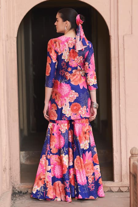 Shop Archana Shah Blue Bamboo Embroidery Round Neck Floral Pattern Kurta And Sharara Set at Aza Fashions Shop_Archana Shah_Blue Bamboo Embroidery Round Neck Floral Pattern Kurta And Sharara Set _at_Aza_Fashions