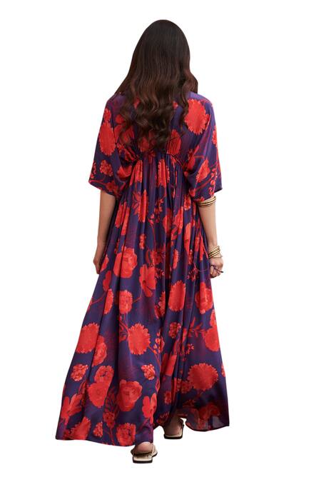Archana Shah Blue Georgette Sequins V-neck Floral Print Kaftan Online at Aza Fashions Archana Shah_Blue Georgette Sequins V-neck Floral Print Kaftan _Online_at_Aza_Fashions