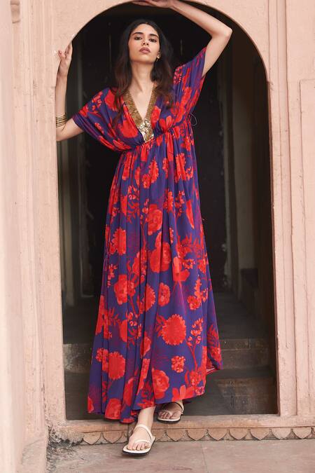 Buy Archana Shah Blue Georgette Sequins V-neck Floral Print Kaftan Online at Aza Fashions Buy_Archana Shah_Blue Georgette Sequins V-neck Floral Print Kaftan _Online_at_Aza_Fashions