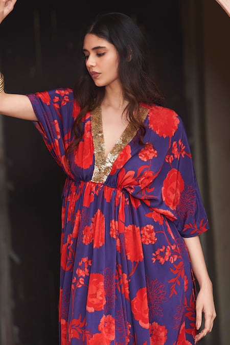 Shop Archana Shah Blue Georgette Sequins V-neck Floral Print Kaftan Online at Aza Fashions Shop_Archana Shah_Blue Georgette Sequins V-neck Floral Print Kaftan _Online_at_Aza_Fashions