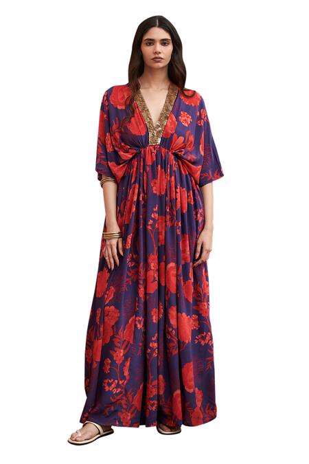 Buy Archana Shah Blue Georgette Sequins V-neck Floral Print Kaftan Buy_Archana Shah_Blue Georgette Sequins V-neck Floral Print Kaftan