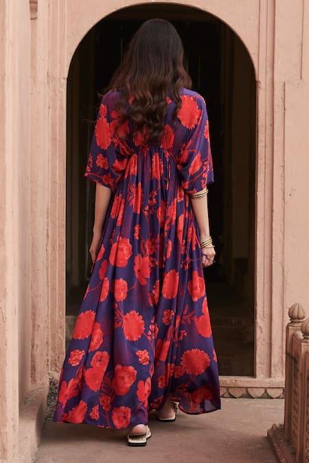 Shop Archana Shah Blue Georgette Sequins V-neck Floral Print Kaftan at Aza Fashions Shop_Archana Shah_Blue Georgette Sequins V-neck Floral Print Kaftan _at_Aza_Fashions