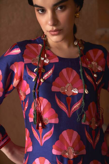 Buy Archana Shah Blue Silk Sequins Round Neck Shell Pattern Kurta And Pant Set Online at Aza Fashions Buy_Archana Shah_Blue Silk Sequins Round Neck Shell Pattern Kurta And Pant Set _Online_at_Aza_Fashions