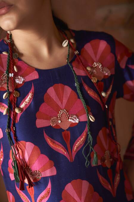 Shop Archana Shah Blue Silk Sequins Round Neck Shell Pattern Kurta And Pant Set Online at Aza Fashions Shop_Archana Shah_Blue Silk Sequins Round Neck Shell Pattern Kurta And Pant Set _Online_at_Aza_Fashions