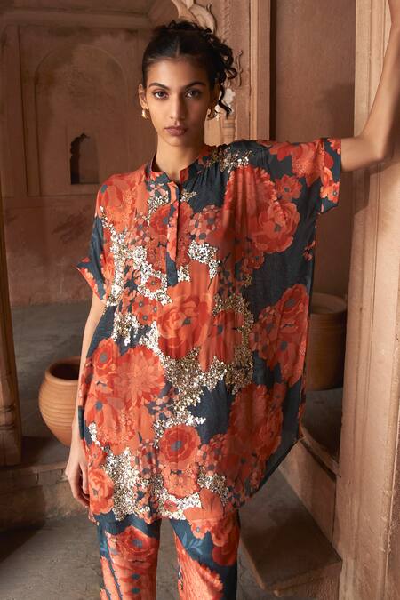 Shop Archana Shah Multi Color Bemberg Crepe Printed Floral Round Top And Pant Set Online at Aza Fashions Shop_Archana Shah_Multi Color Bemberg Crepe Printed Floral Round Top And Pant Set _Online_at_Aza_Fashions