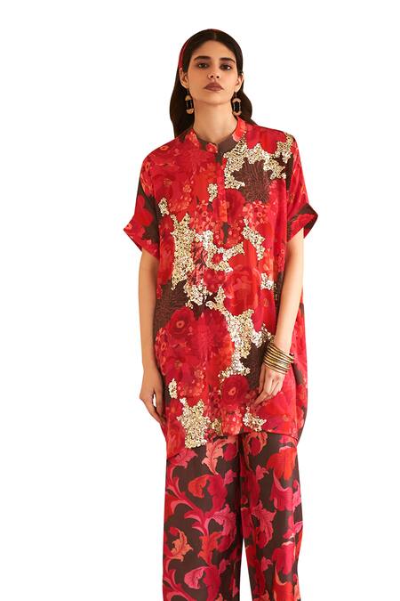 Buy Archana Shah Red Bemberg Crepe Print Floral Round Collar Moroccan Top With Pant Online at Aza Fashions Buy_Archana Shah_Red Bemberg Crepe Print Floral Round Collar Moroccan Top With Pant _Online_at_Aza_Fashions