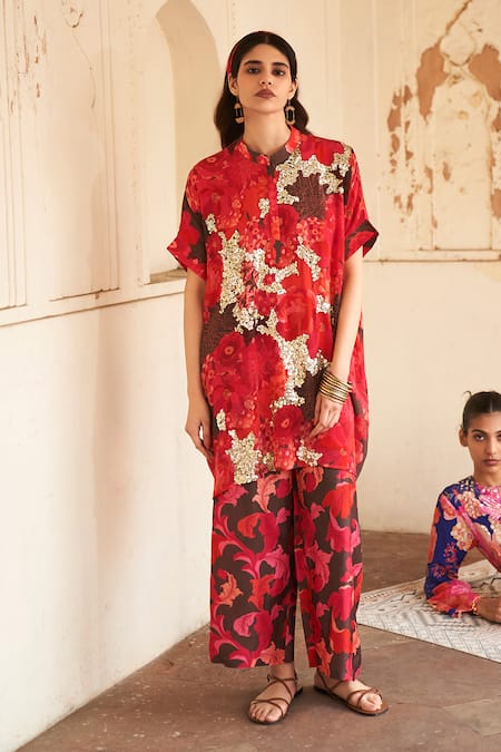 Shop Archana Shah Red Bemberg Crepe Print Floral Round Collar Moroccan Top With Pant Online at Aza Fashions Shop_Archana Shah_Red Bemberg Crepe Print Floral Round Collar Moroccan Top With Pant _Online_at_Aza_Fashions