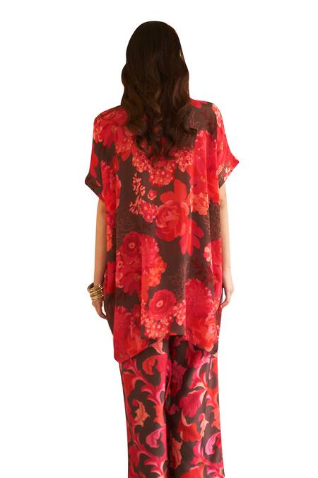 Archana Shah Red Bemberg Crepe Print Floral Round Collar Moroccan Top With Pant at Aza Fashions Archana Shah_Red Bemberg Crepe Print Floral Round Collar Moroccan Top With Pant _at_Aza_Fashions