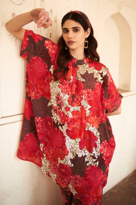 Buy Archana Shah Red Bemberg Crepe Print Floral Round Collar Moroccan Top With Pant Buy_Archana Shah_Red Bemberg Crepe Print Floral Round Collar Moroccan Top With Pant