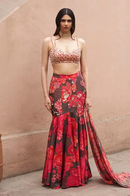 Archana Shah Floral Print Fishtail Skirt & Blouse Set 