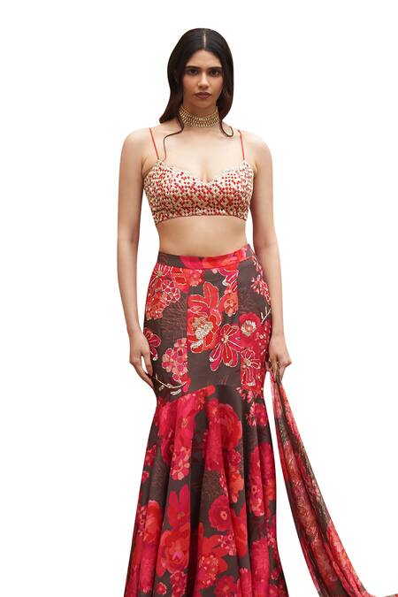 Buy Archana Shah Red Bamboo Sequins, Zari Sweetheart Floral Print Fishtail Skirt And Blouse Set Online at Aza Fashions Buy_Archana Shah_Red Bamboo Sequins, Zari Sweetheart Floral Print Fishtail Skirt And Blouse Set _Online_at_Aza_Fashions