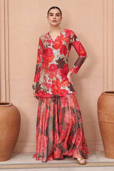 Archana Shah Floral Bloom Print Kurta With Sharara 