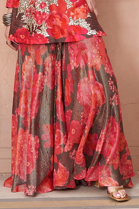 Archana Shah_Multi Color Embroidery, Sequins V-neck Floral Bloom Print Kurta With Sharara _Online_at_Aza_Fashions