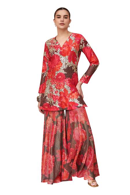 Buy_Archana Shah_Multi Color Embroidery, Sequins V-neck Floral Bloom Print Kurta With Sharara _Online_at_Aza_Fashions