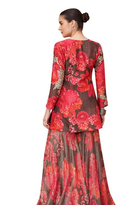 Shop_Archana Shah_Multi Color Embroidery, Sequins V-neck Floral Bloom Print Kurta With Sharara _Online_at_Aza_Fashions