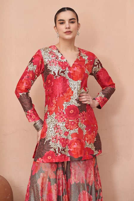 Archana Shah_Multi Color Embroidery, Sequins V-neck Floral Bloom Print Kurta With Sharara _at_Aza_Fashions