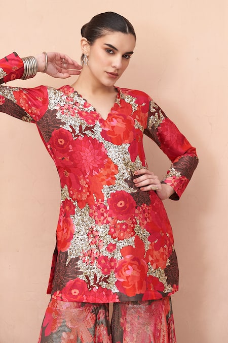 Buy_Archana Shah_Multi Color Embroidery, Sequins V-neck Floral Bloom Print Kurta With Sharara 