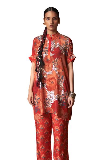Archana Shah Red Bemberg Crepe Print Floral Stand Collar Moroccan Kurta With Pant Online at Aza Fashions Archana Shah_Red Bemberg Crepe Print Floral Stand Collar Moroccan Kurta With Pant _Online_at_Aza_Fashions