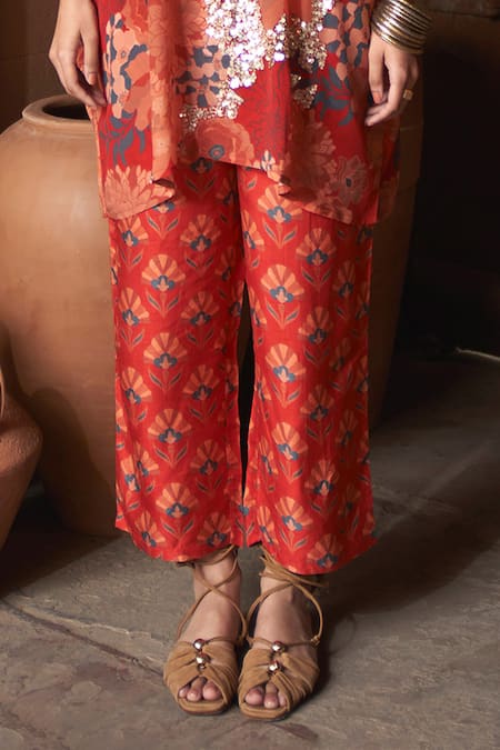 Buy Archana Shah Red Bemberg Crepe Print Floral Stand Collar Moroccan Kurta With Pant Online at Aza Fashions Buy_Archana Shah_Red Bemberg Crepe Print Floral Stand Collar Moroccan Kurta With Pant _Online_at_Aza_Fashions