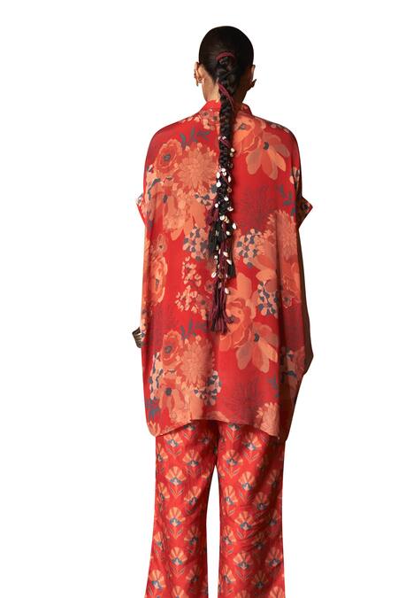 Shop Archana Shah Red Bemberg Crepe Print Floral Stand Collar Moroccan Kurta With Pant Online at Aza Fashions Shop_Archana Shah_Red Bemberg Crepe Print Floral Stand Collar Moroccan Kurta With Pant _Online_at_Aza_Fashions