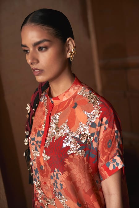 Buy Archana Shah Red Bemberg Crepe Print Floral Stand Collar Moroccan Kurta With Pant Buy_Archana Shah_Red Bemberg Crepe Print Floral Stand Collar Moroccan Kurta With Pant