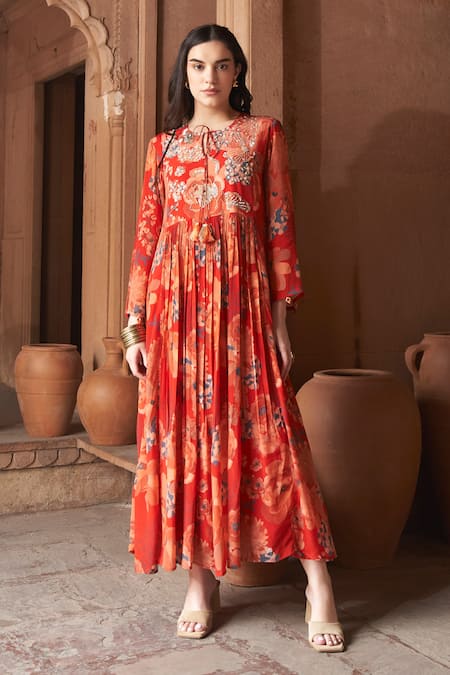 Archana Shah Red Bemberg Crepe Print Floral Round Moroccan Maxi Dress 