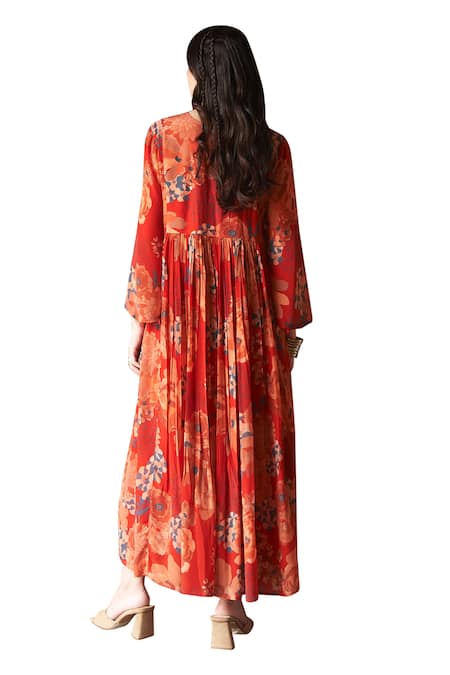 Archana Shah Red Embroidery, Sequins Round Neck Moroccan Floral Print Maxi Dress Online at Aza Fashions Archana Shah_Red Embroidery, Sequins Round Neck Moroccan Floral Print Maxi Dress _Online_at_Aza_Fashions