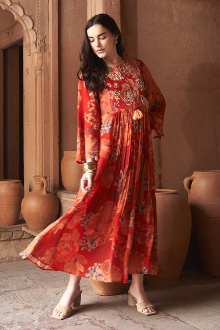 Buy Archana Shah Red Embroidery, Sequins Round Neck Moroccan Floral Print Maxi Dress Online at Aza Fashions Buy_Archana Shah_Red Embroidery, Sequins Round Neck Moroccan Floral Print Maxi Dress _Online_at_Aza_Fashions
