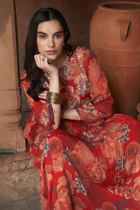 Shop Archana Shah Red Embroidery, Sequins Round Neck Moroccan Floral Print Maxi Dress Online at Aza Fashions Shop_Archana Shah_Red Embroidery, Sequins Round Neck Moroccan Floral Print Maxi Dress _Online_at_Aza_Fashions
