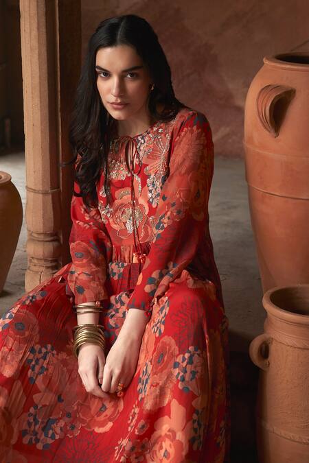 Archana Shah Red Embroidery, Sequins Round Neck Moroccan Floral Print Maxi Dress at Aza Fashions Archana Shah_Red Embroidery, Sequins Round Neck Moroccan Floral Print Maxi Dress _at_Aza_Fashions