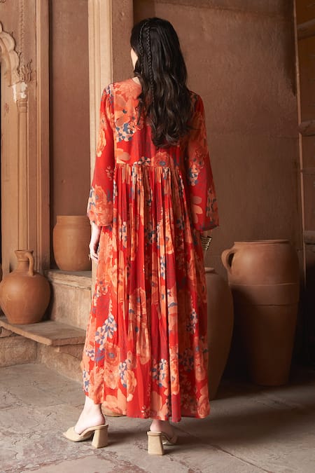Shop Archana Shah Red Embroidery, Sequins Round Neck Moroccan Floral Print Maxi Dress at Aza Fashions Shop_Archana Shah_Red Embroidery, Sequins Round Neck Moroccan Floral Print Maxi Dress _at_Aza_Fashions