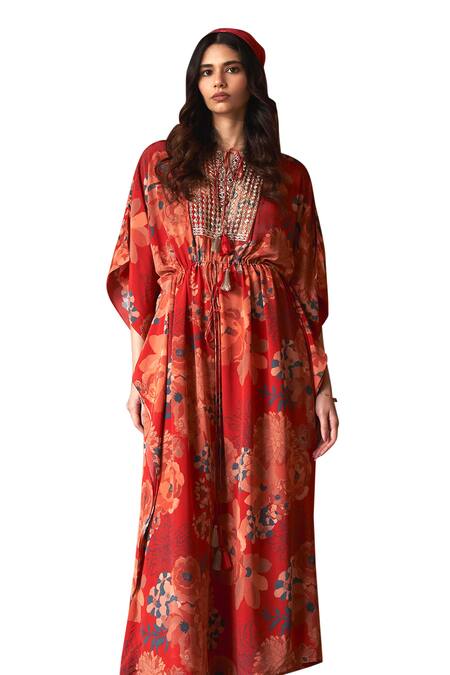 Archana Shah Red Georgette Embroidery Round Neck Moroccan Floral Print Kaftan Online at Aza Fashions Archana Shah_Red Georgette Embroidery Round Neck Moroccan Floral Print Kaftan _Online_at_Aza_Fashions