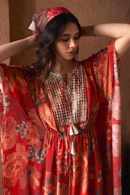 Shop Archana Shah Red Georgette Embroidery Round Neck Moroccan Floral Print Kaftan Online at Aza Fashions Shop_Archana Shah_Red Georgette Embroidery Round Neck Moroccan Floral Print Kaftan _Online_at_Aza_Fashions