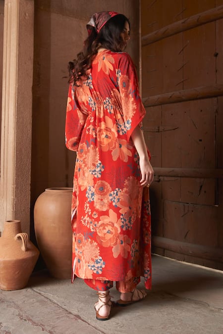 Shop Archana Shah Red Georgette Embroidery Round Neck Moroccan Floral Print Kaftan at Aza Fashions Shop_Archana Shah_Red Georgette Embroidery Round Neck Moroccan Floral Print Kaftan _at_Aza_Fashions