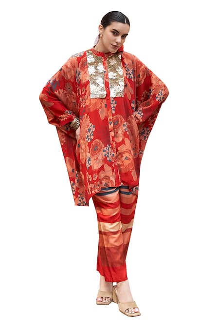 Archana Shah Red Bemberg Crepe Print Floral Stand Collar Shirt Tunic With Pant Online at Aza Fashions Archana Shah_Red Bemberg Crepe Print Floral Stand Collar Shirt Tunic With Pant _Online_at_Aza_Fashions