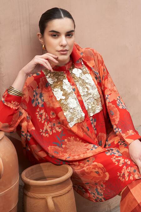 Buy Archana Shah Red Bemberg Crepe Print Floral Stand Collar Shirt Tunic With Pant Online at Aza Fashions Buy_Archana Shah_Red Bemberg Crepe Print Floral Stand Collar Shirt Tunic With Pant _Online_at_Aza_Fashions