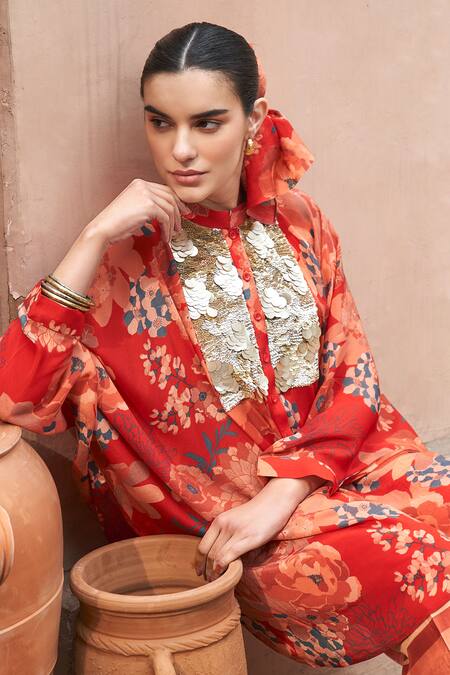 Shop Archana Shah Red Bemberg Crepe Print Floral Stand Collar Shirt Tunic With Pant Online at Aza Fashions Shop_Archana Shah_Red Bemberg Crepe Print Floral Stand Collar Shirt Tunic With Pant _Online_at_Aza_Fashions