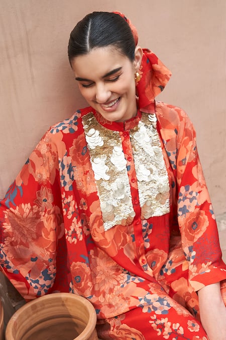 Buy Archana Shah Red Bemberg Crepe Print Floral Stand Collar Shirt Tunic With Pant Buy_Archana Shah_Red Bemberg Crepe Print Floral Stand Collar Shirt Tunic With Pant