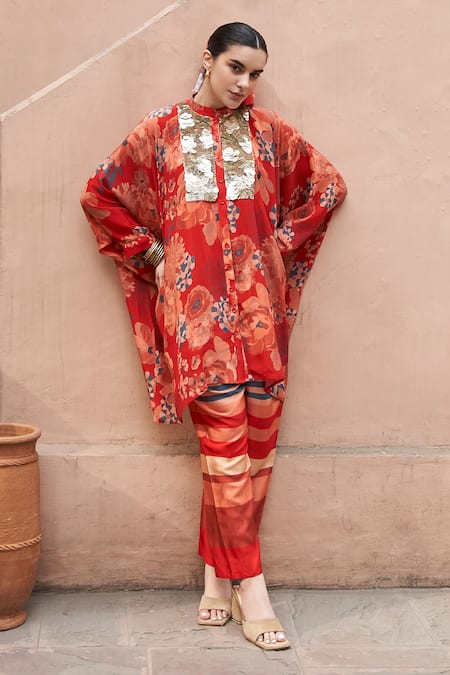 Shop Archana Shah Red Bemberg Crepe Print Floral Stand Collar Shirt Tunic With Pant at Aza Fashions Shop_Archana Shah_Red Bemberg Crepe Print Floral Stand Collar Shirt Tunic With Pant _at_Aza_Fashions