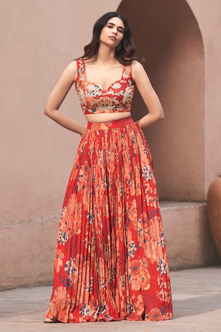 Archana Shah Red Bemberg Crepe Print Floral Sweetheart Neck Moroccan Lehenga Set 