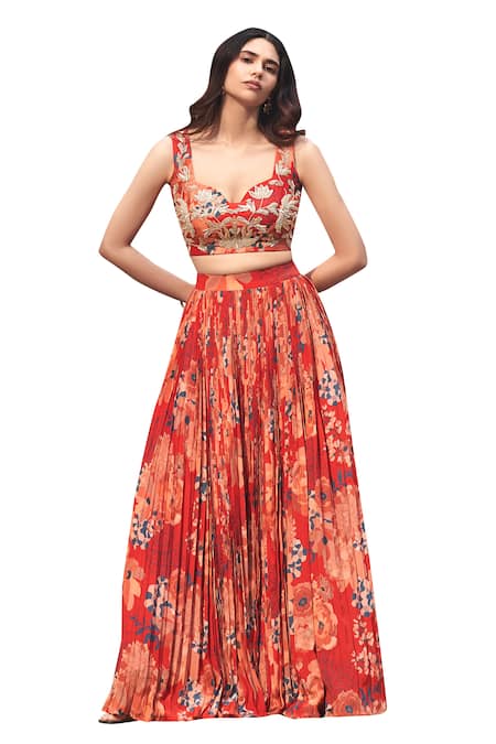 Archana Shah_Red Crepe Zari, Embroidery Sweetheart Neck Moroccan Floral Print Lehenga Set _Online_at_Aza_Fashions